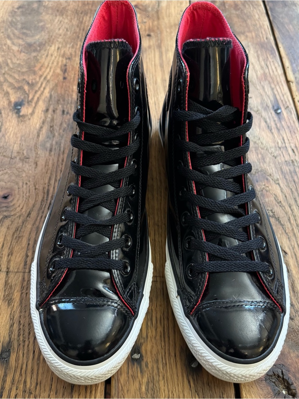 Converse Black Patent High-Top Sneakers with White Sole Red Inside - Picture 4 of 9
